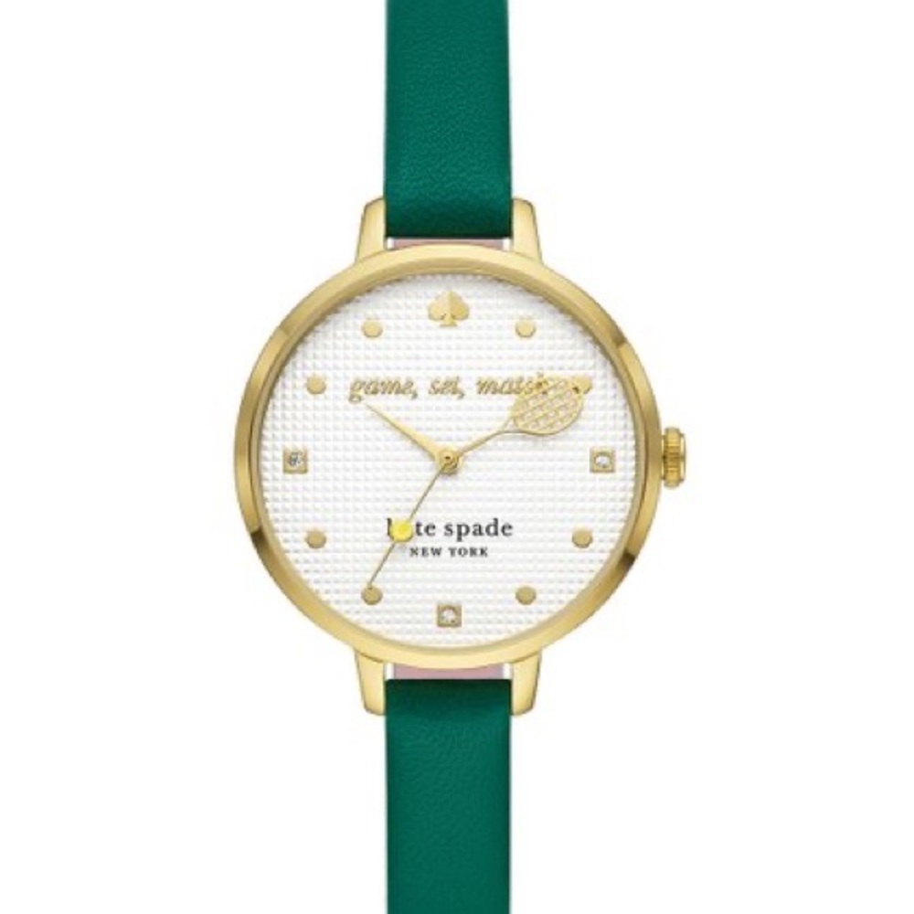 NWT Kate Spade Goldtone and Green ‘Game, Set, Match’ Leather Strap Watch